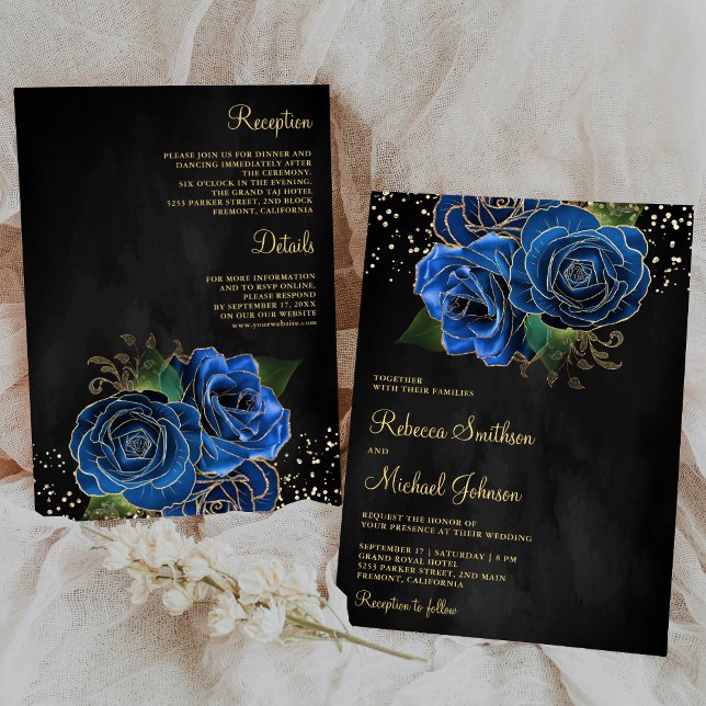 Convite Dourado Blue Floral Tudo em um casamento preto (Criador carregado)