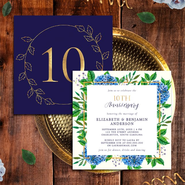 Convite Dourado Blue Hydrangea 10º Aniversário de Casament (Front / Back)