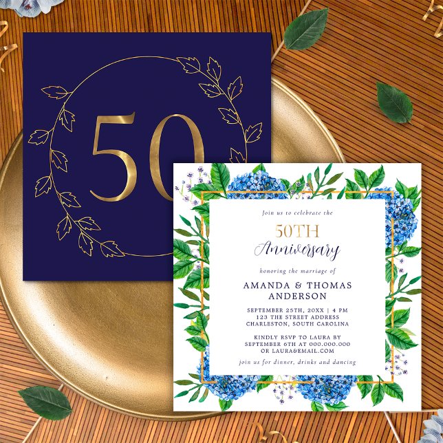 Convite Dourado Blue Hydrangea 50º aniversário de casament (Front / Back)