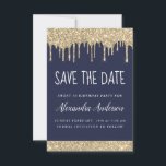Convite Dourado Blue Sparkle Glitter Sweet 16 Salve a data<br><div class="desc">Marinho Azul e Dourado Espelho Espalhando Brilhante Doce Dezesseis a Festa de aniversário de 16 Meninas Salvem o Convite para Data. Este convite é perfeito para a elegante e moderna Festa de aniversário Glitter Glitter 16,  que procura celebrar no estilo da moda.</div>