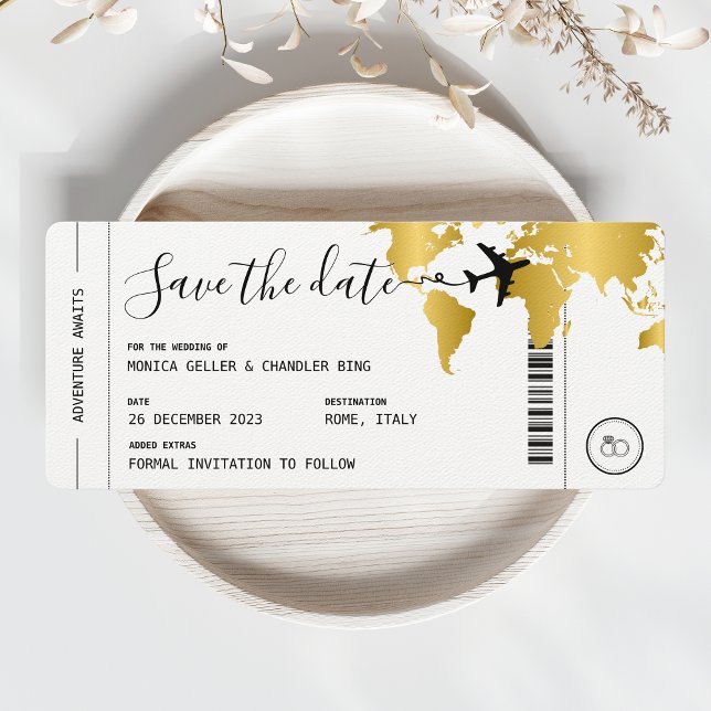 Convite DOURADO Boembarque Pass Viagem Salve a Data Casame (Gold Boarding Pass Save the Date)