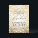 Convite Dourado Bokeh 50th Birthday Salvar a Data<br><div class="desc">Design de "50ª Festa de aniversário" elegante com um livro Dourado e nome personalizado e texto de detalhes. Fácil de usar e fácil de personalizar. Faça o pedido hoje!</div>