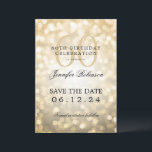 Convite Dourado Bokeh 60th Birthday Guarde a Data<br><div class="desc">Design de "60ª Festa de aniversário" elegante com luzes Bokeh e nome personalizado e texto de detalhes. Fácil de usar e fácil de personalizar. Faça o pedido hoje!</div>