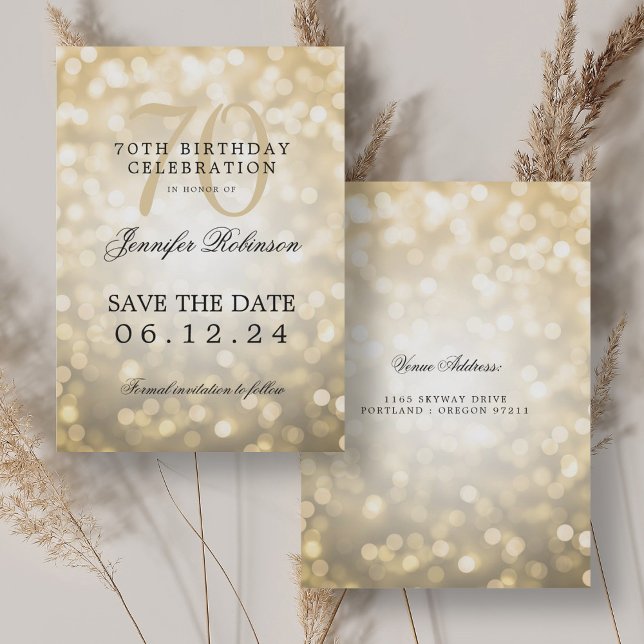 Convite Dourado Bokeh 70 Birthday Guarde a Data (Gold Bokeh 70th Birthday Save the Date Invitation)