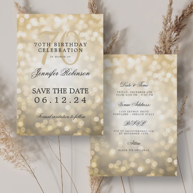 Convite Dourado Bokeh 70 Birthday Guarde a Data com Detalh (Gold Bokeh 70th Birthday Save the Date w/ Details Invitation)