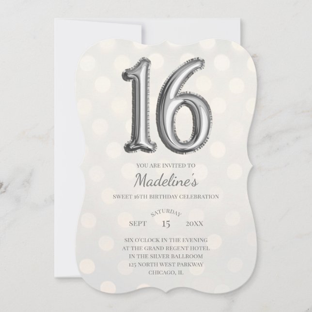 Convite Dourado Bokeh e Silver Foil Sweet 16º Aniversário (Frente)