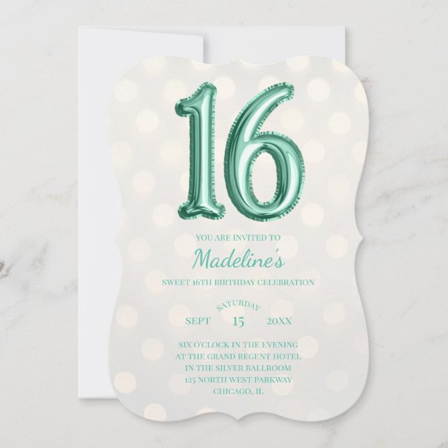 Convite Dourado Bokeh Mint Green Faux Foil 16º Aniversário (Frente)