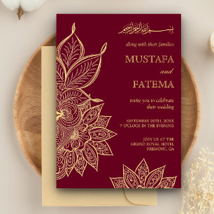 Convite Dourado Borgonha Mehendi Henna Casamento Islâmico