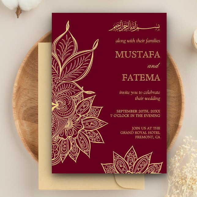 Convite Dourado Borgonha Mehendi Henna Casamento Islâmico (Criador carregado)
