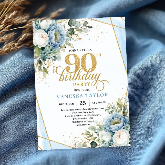 Convite Dourado botânico em azul empoeirado para 90º anive (Dusty blue gold botanicals frame 90th birthday celebration)