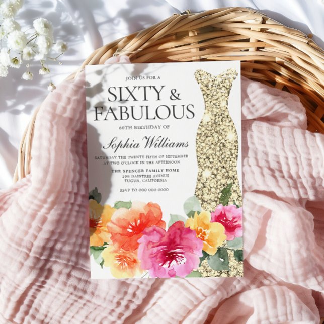Convite Dourado botânico Floral 60ª Festa de aniversário (Criador carregado)