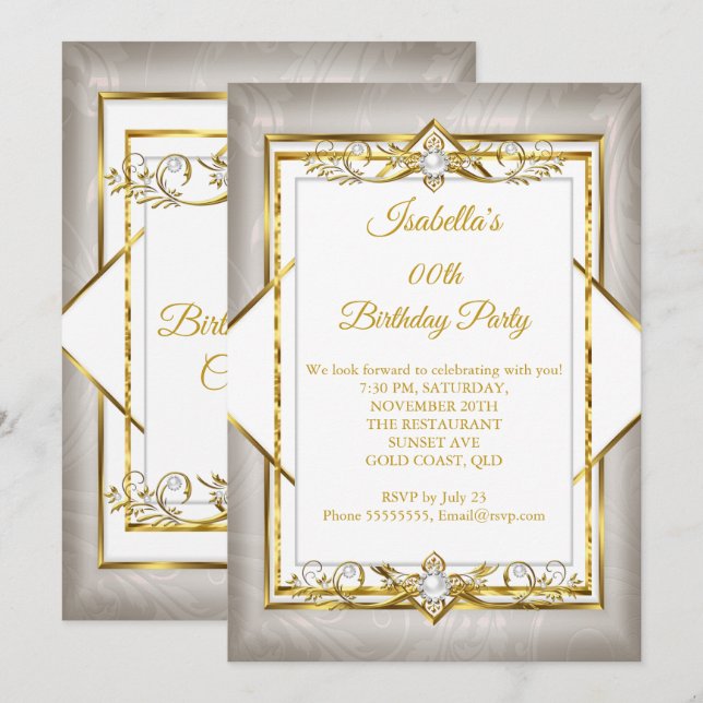Convite Dourado Branco Cinza Pérola bege Festa de Aniversá (Frente/Verso)