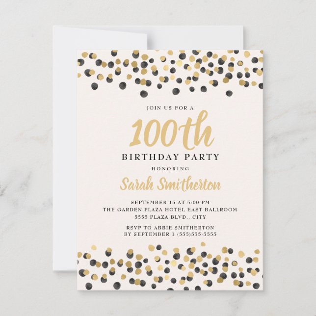 Convite Dourado branco Confetti Glitter 100º Aniversário (Frente)