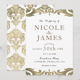 Convite Dourado & Branco Damasco Chic Elegante Casamento M