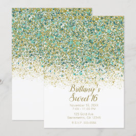 Convite Dourado Branco e Brilho Azul-turquesa Moderno Cost