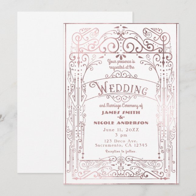 Convite Dourado Branco e Rosa Casamento Deco Vitoriano Ant (Frente/Verso)