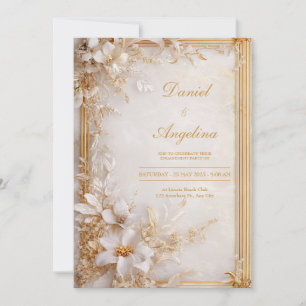 Convite Dourado Branco Floral Mármore Glamouroso Casamento