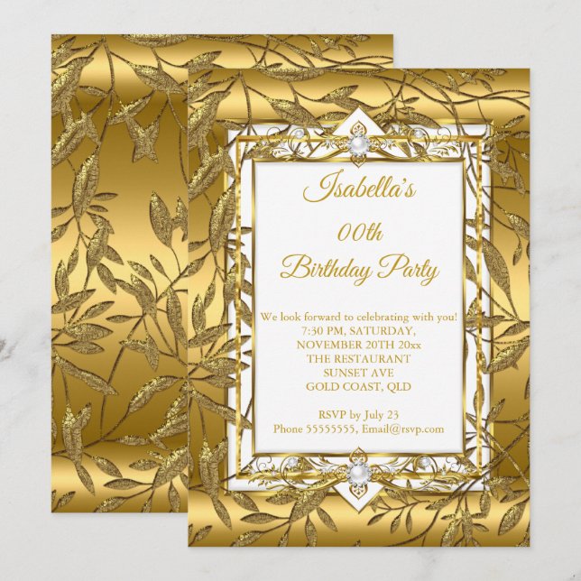 Convite Dourado Branco Pérola Damasco Festa de Aniversário (Frente/Verso)