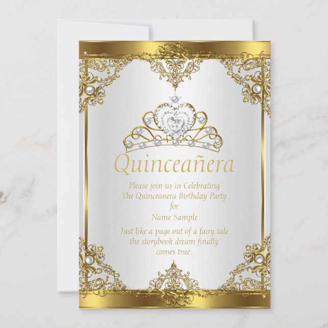 Convite Dourado Branco Pérola Princesa Festa Quinceanera (Frente)