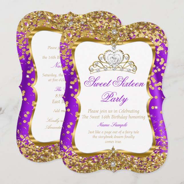 Convite Dourado Branco Princesa Tiara Roxa Sweet 1 (Frente/Verso)