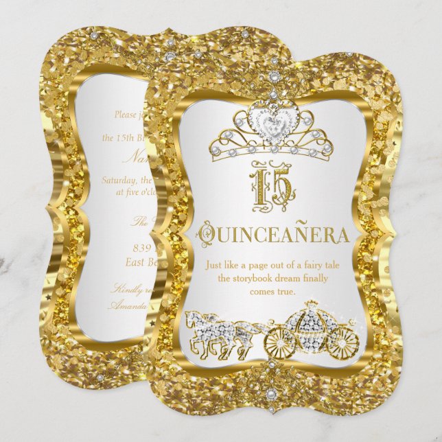 Convite Dourado Branco Tiara Mágica Quinceanera (Frente/Verso)