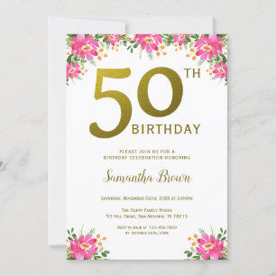 Convite Dourado Brilhante 50º Aniversário - Floral Rosa