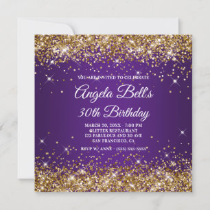 Convite Dourado Brilhante Glitter Roxo Real 30º Aniversári