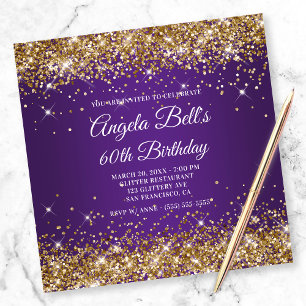 Convite Dourado Brilhante Glitter Roxo Real 60º Aniversári