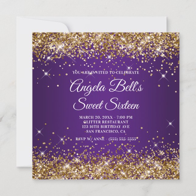 Convite Dourado Brilhante Glitter Roxo Real Doce Dezesseis (Frente)