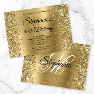 Convite Dourado Brilhante Monograma Elegante Aniversário d