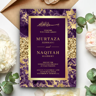 Convite Dourado Brilho Ameixa Roxo Mármore Casamento Muçul