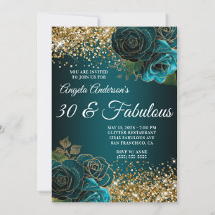 Convite Dourado Brilho Azul Floral Glam 30 & Fabuloso