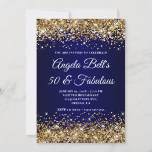 Convite Dourado Brilho Azul Naval Ombre 50 & Fabuloso