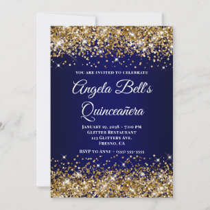 Convite Dourado Brilho Azul Naval Ombre Quinceanera