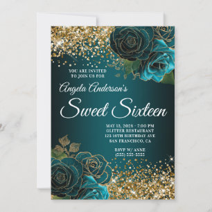 Convite Dourado Brilho Azul Turquesa Floral Glam Doze Anos