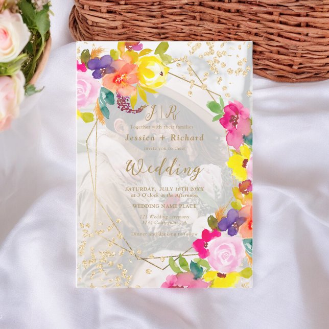 Convite Dourado brilho boho bold floral 2 fotos casamento (Gold glitter boho bold floral 2 photos wedding invitation)