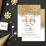 Convite Dourado brilho branco moderno, Confetti Sweet 16<br><div class="desc">O elegante, glamouroso e moderno convite de aniversário de dezesseis anos é perfeito para a jovem adolescente contemporânea e na moda. Ele apresenta um falso bloco de cores escondido com brilho brilhante de ouro impresso em cima de um simples fundo branco com um grande número "16" em um tom dourado...</div>