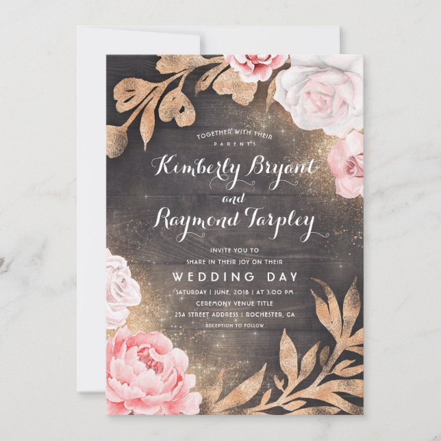 Convite Dourado brilho | Casamento Floral Rustic Country (Frente)