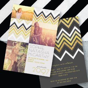 Convite Dourado Brilho Chic Listras de Chevron Festa de Fo
