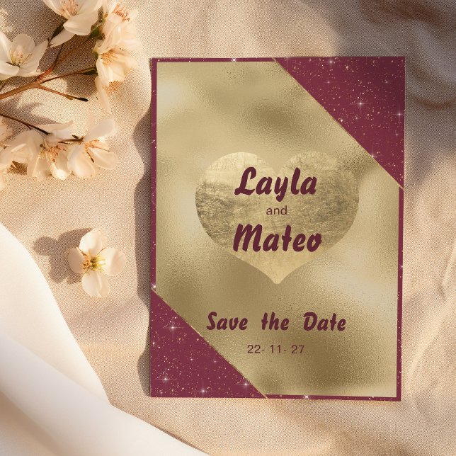 Convite Dourado brilho do brilho burgundy Salve a data (Gold heart sparkle burgundy glitter Save the Date )