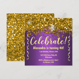Convite Dourado brilho e aniversário de 40 anos Roxo Met