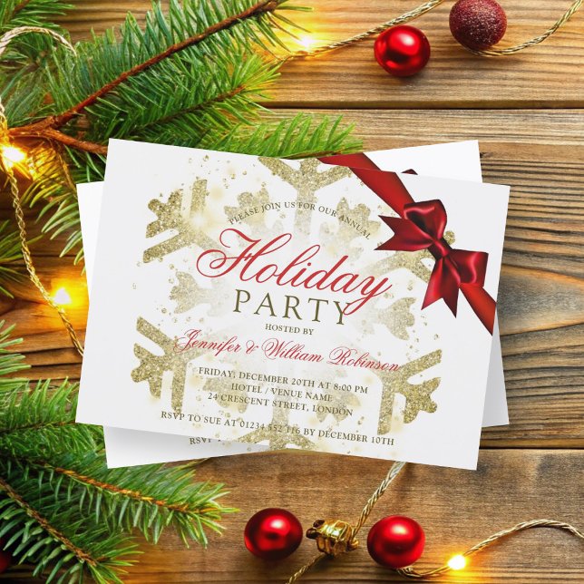 Convite Dourado brilho e fita | Festa de Natal (Gold Glitter & Ribbon | Xmas Holiday Party Invitation)