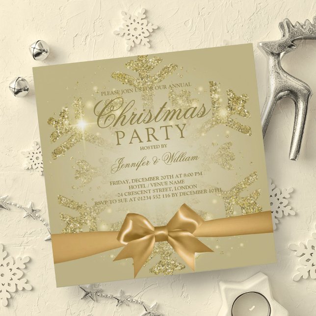 Convite Dourado brilho e fita | Festa de Natal (Gold Glitter & Ribbon | Xmas Holiday Party Invitation)