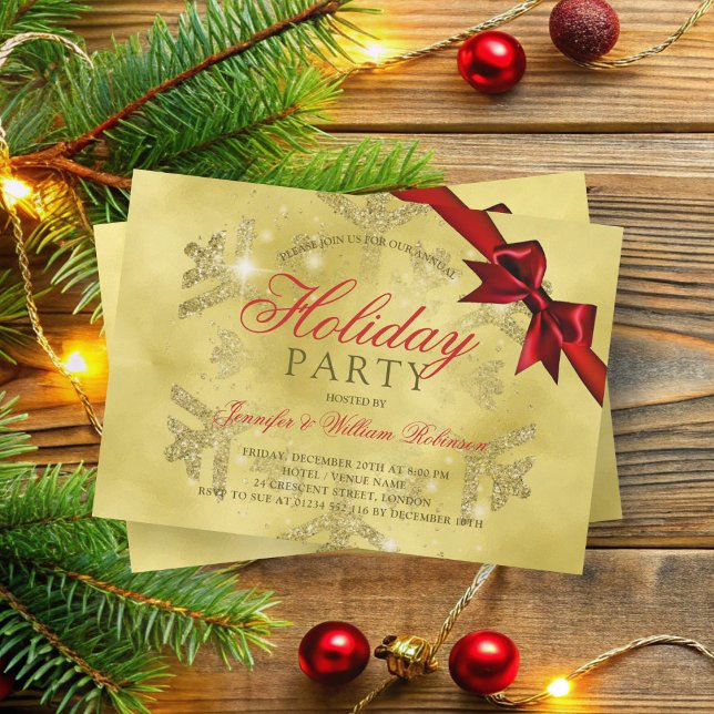 Convite Dourado brilho e fita | Vermelho Natal (Gold Glitter & Ribbon | Xmas Holiday Red Invitation)