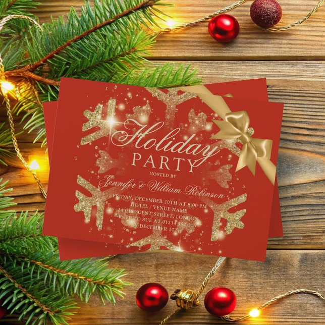 Convite Dourado brilho e fita | Vermelho Natal (Gold Glitter & Ribbon | Xmas Holiday Red Invitation)