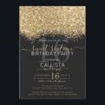 Convite Dourado brilho negro moderno Confetti Sweet 16<br><div class="desc">O elegante, glamouroso e moderno convite de aniversário de dezesseis anos é perfeito para a jovem adolescente contemporânea e na moda. Ele apresenta um falso bloco colorido de configuração brilhante de brilho dourado esparso em cima de um simples fundo preto com um grande número "16" em um tom dourado correspondente....</div>