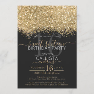 Convite Dourado brilho negro moderno Confetti Sweet 16