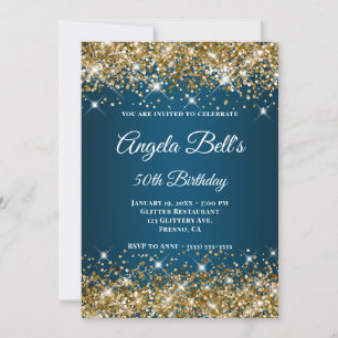 Convite Dourado Brilho Oceano Azul Ombre Monograma Chique