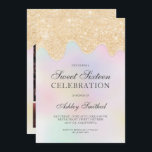 Convite Dourado brilho pingos cor de pérola doce dezesseis<br><div class="desc">Um chic moderno,  bonito e elegante brilho dourado pinga com arco-íris pastel unicórnio colore holográfico pérola iridescente,  doce convite de aniversário 16. Adicione 4 da sua foto favorita no fundo.</div>