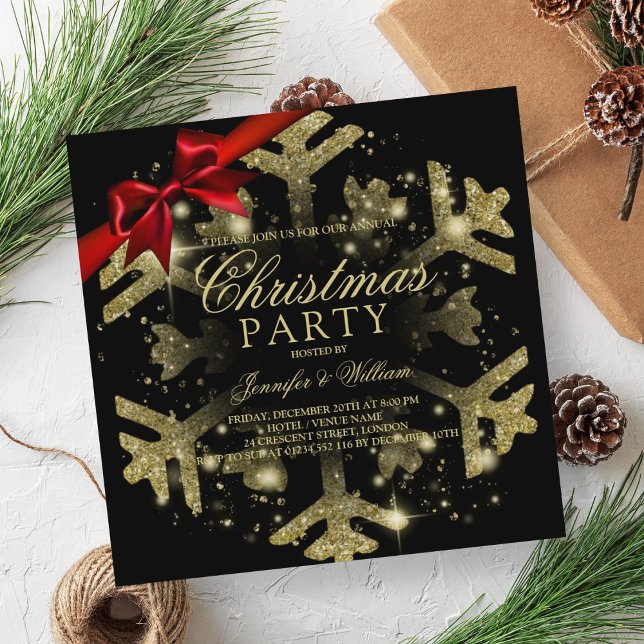 Convite Dourado brilho preto | Festa de Natal (Gold Black Glitter & Ribbon | Xmas Holiday Party Invitation)